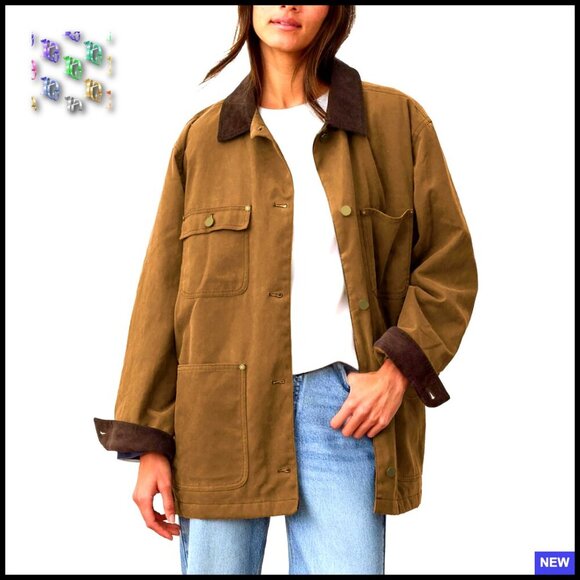 Jackets & Blazers - Oversized Cotton Barn Jacket Corduroy Collar Vintage Workwear with Pockets